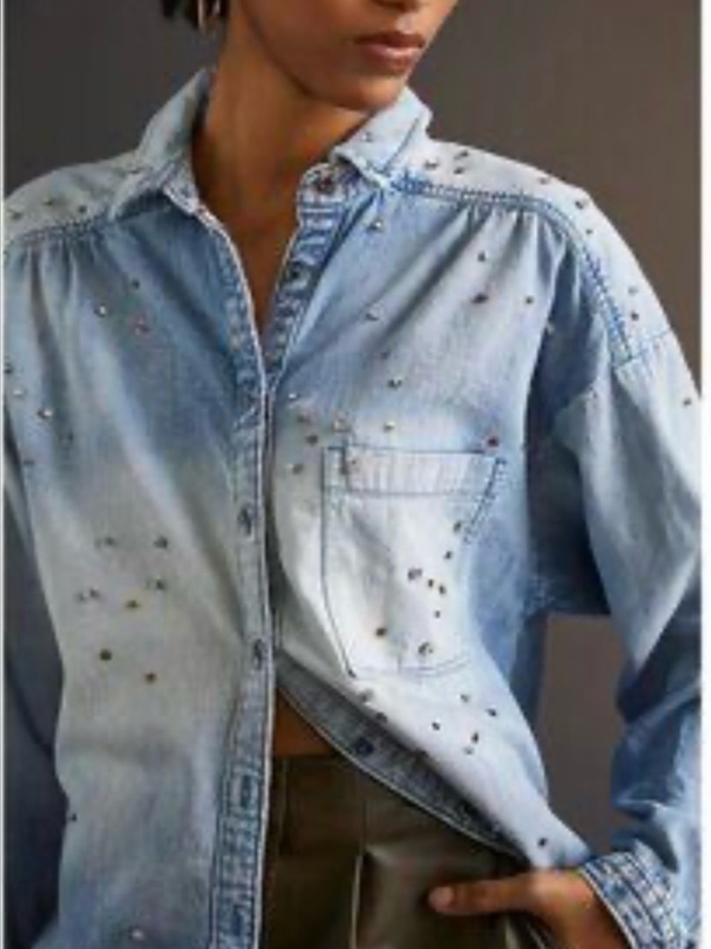 Anthropologie Pilcro Studded Denim Button Down Shirt S Blue Cotton Oversized - Picture 2 of 16
